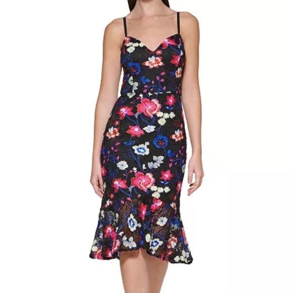 Guess Black Floral Midi Dress Embriodered Lace Size 14 - Picture 1 of 9